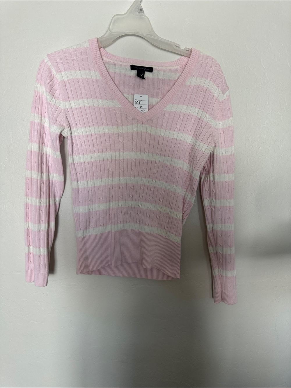 Tommy Hilfiger Pink and White Striped V-Neck Cable Knit Sweater